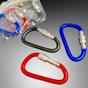 Set of 6 Carabiners w/ Lock D-Ring Clip Spring Clasp 2 Red 2 Blue 2 Black Hooks